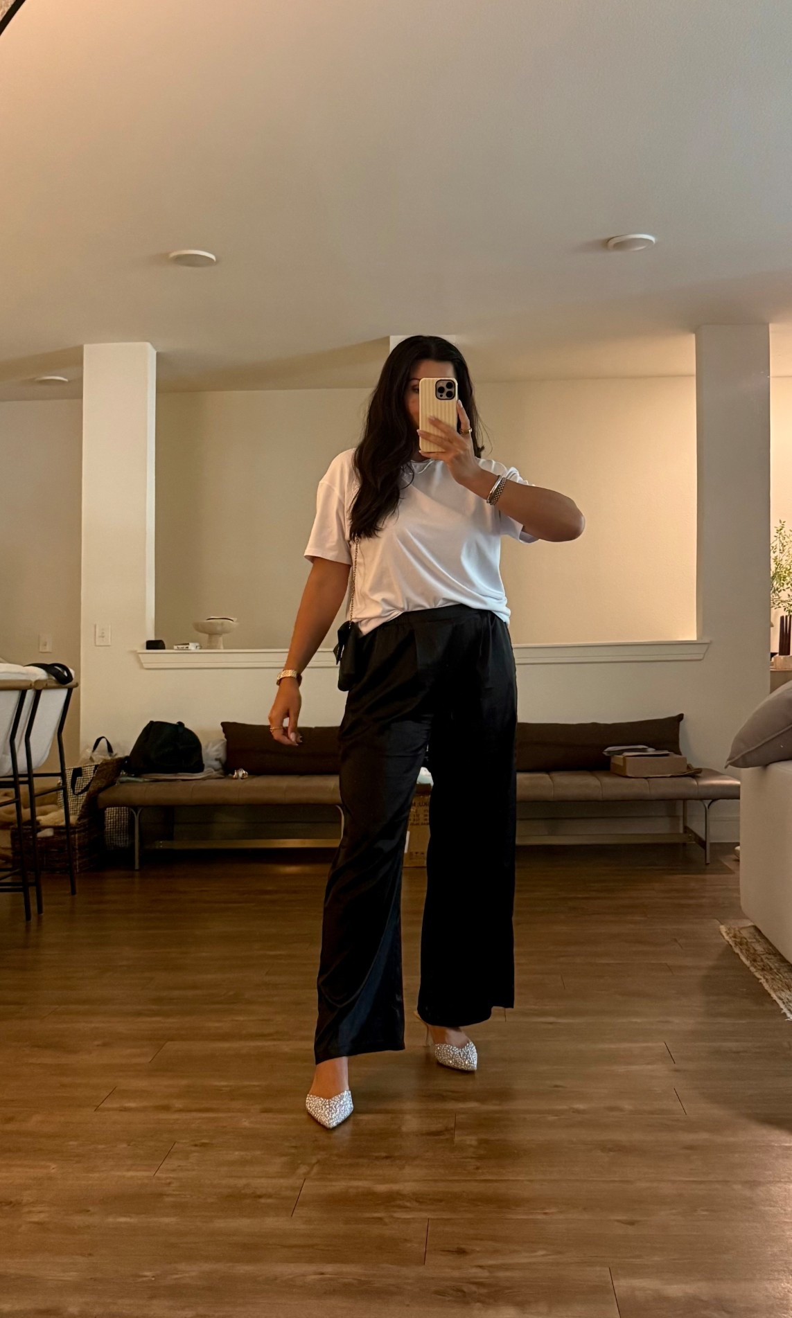 Dinner outfit | satin pants and oversized white tee. Wearing size M in pants and S in top. I’d size down in the top! All from amazon 