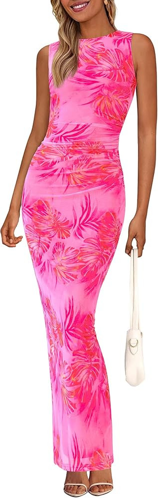 PRETTYGARDEN Womens Summer Wedding Guest Dress 2026 Spring Mesh Sleeveless Bodycon Ruched Floral ... | Amazon (US)