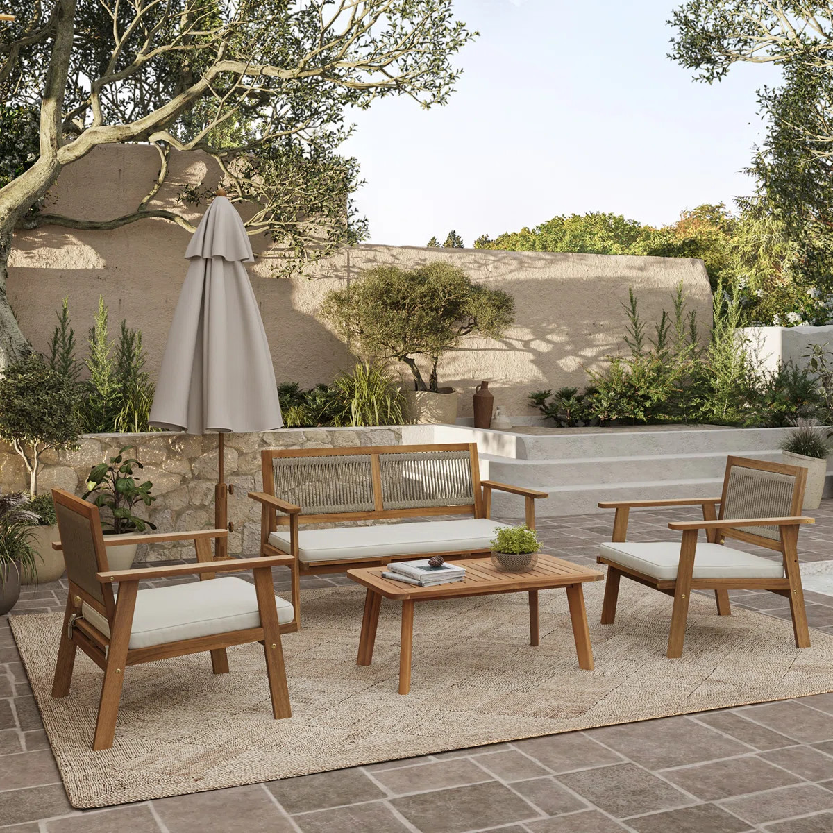 Outdoor Acacia Wood Rope Back 4-Piece Patio Seating with Cushions and Coffee Table Set (Set of 4) | Wayfair North America