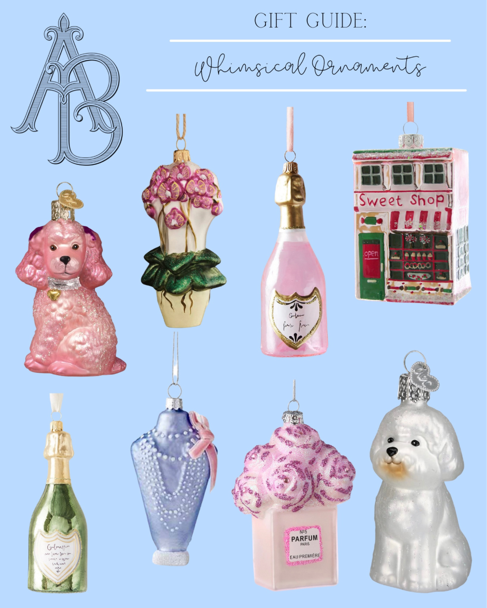 Huge roundup of whimsical glass ornaments 🎄 I love giving fun ornaments as gifts! 

GrandMillennial home style, pink Christmas aesthetic, Anthro home finds, Maltese mom, champagne ornament, gift guide, orchids, roses, gifts for her, new traditional home, pastel Christmas 

#LTKHoliday #LTKGiftGuide #LTKSeasonal
