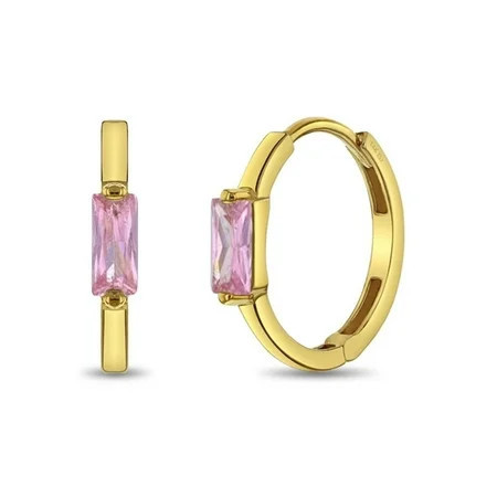 Pink Baguette Cut CZ Huggie 9mm Toddler / Kids / Girls Earrings Hoop - 14k Gold | Walmart (US)