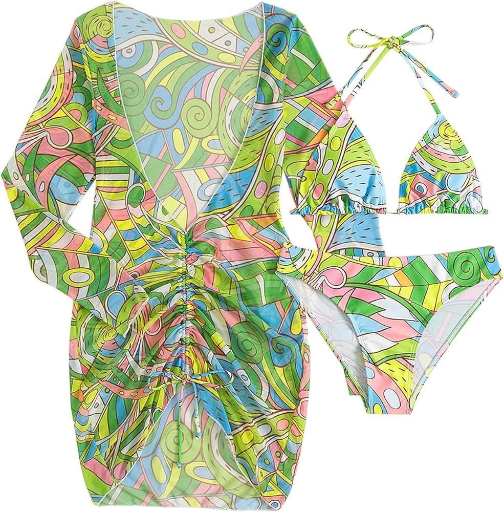 SOLY HUX Women's Printed Triangle Halter Bikini Bathing Suit with Cover Up 3 Piece Swimsuits | Amazon (US)