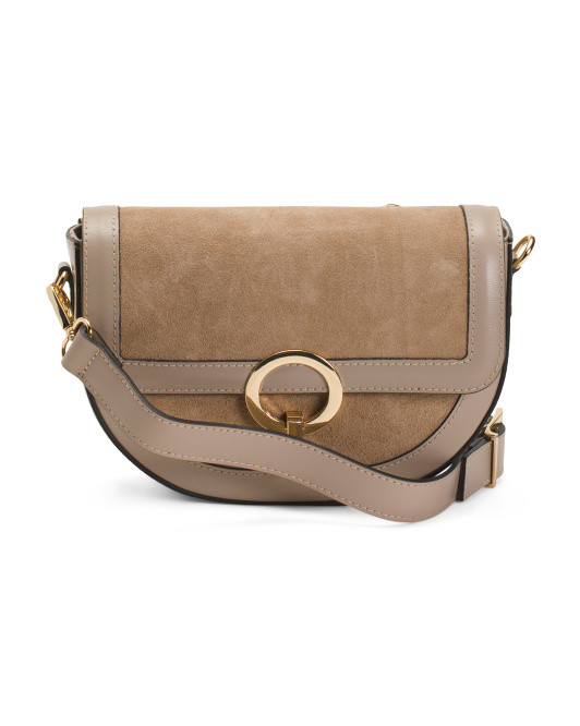 Made In Italy Suede And Leather Saddle Ring Hardware Crossbody | TJ Maxx