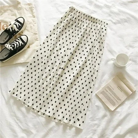 Womens Elastic High Waist Polka Dot Lace Up Pleated Skirt Midi Maxi Swing Skirt with Waist Rope (Whi | Walmart (US)