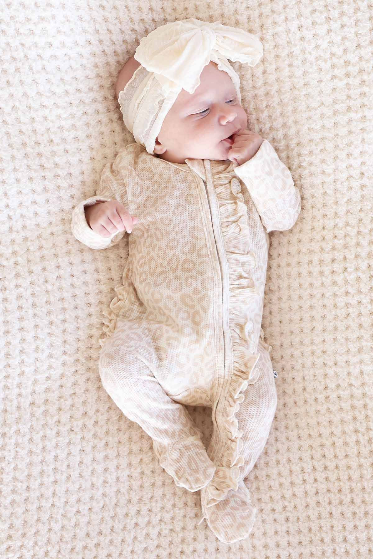 Lovely Leopard Bamboo Waffle Ruffle Zipper Footie | Caden Lane
