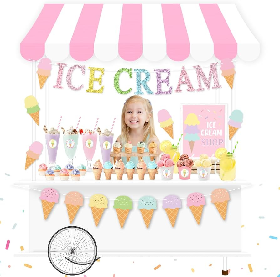 Ice Cream Party Stand Decor Kit, Summer Sundae Playstand Play Shop ICE CREAM Banner Waterproof Ca... | Amazon (US)