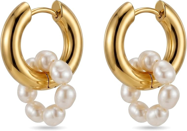 18K Gold Plated Pearl Drop Earrings for Women, Hypoallergenic Stainless Steel Freshwater Shell Pe... | Amazon (US)