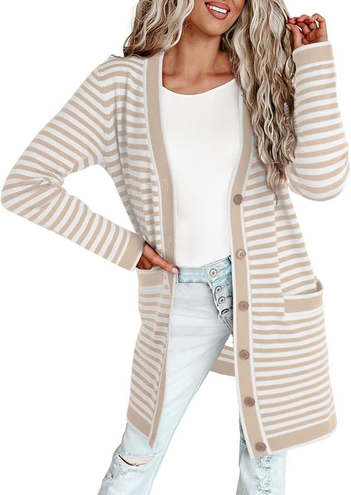 Dokotoo Cardigan Sweaters for Women Striped Open Front Button Down Womens Cardigan with Pockets 2... | Amazon (US)