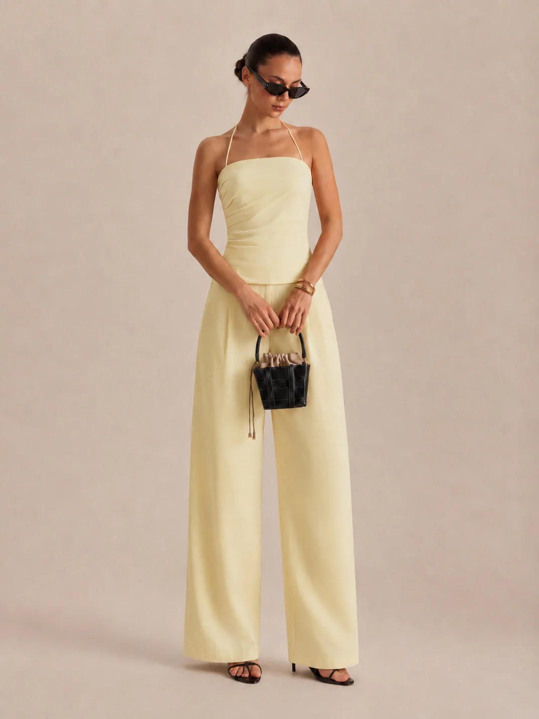 Ruched Halter Top & Wide Leg Pants Set | Commense