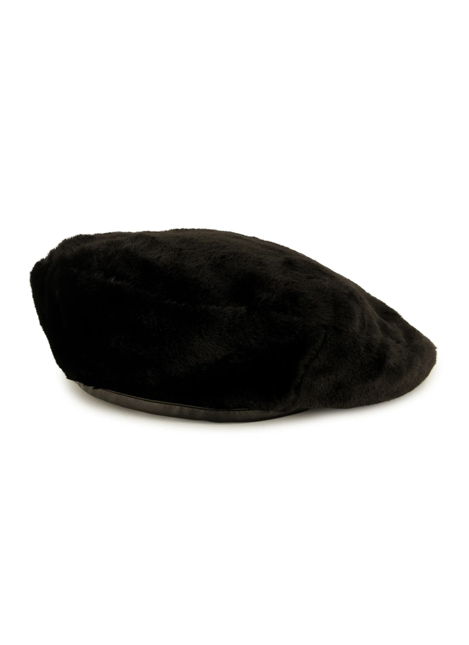 Faux Leather Trim Faux Fur Beret  - Black | Rainbow Shops