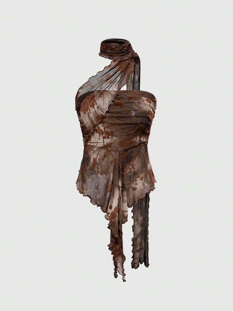 ROMWE Grunge Punk Y2K Vintage Sexy Ruffled Side Detachable Mesh Scarf Flocked Bandeau Top For Women | SHEIN