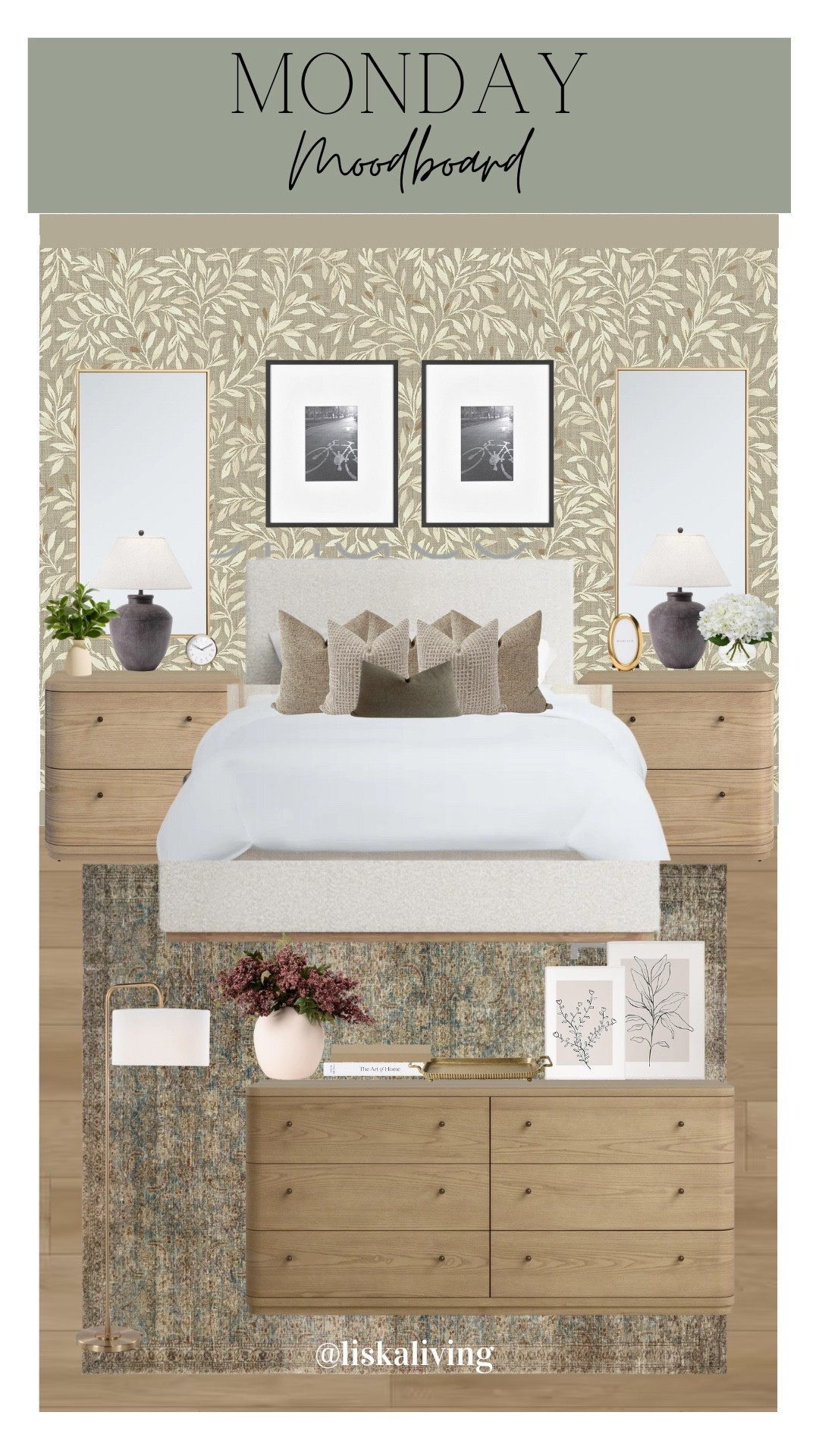 ✨MONDAY MOODBOARD - PRIMARY BEDROOM✨

This wallpaper is so so pretty! I think wallpaper is one of the best ways to dress up a room — think room eye candy 🤩 There are so many beautiful options out there, too! I played with the shapes here, from rectangular mirrors and frames to rounded furniture and oval frames. I wanted to make sure the room felt soft and cozy! I kept the palette neutral for this one!

✨FOLLOW @liskaliving and @oakandolive_designs on IG for more home styling inspo and curated moodboards like this one! Thanks for being here! 🤍

✨SAVE this post for later!
.
.
.
.
.
#mondaymoodboard #bedroomdesign #bedroominspo #primarybedroom # wallpaper

#LTKSaleAlert #LTKHome