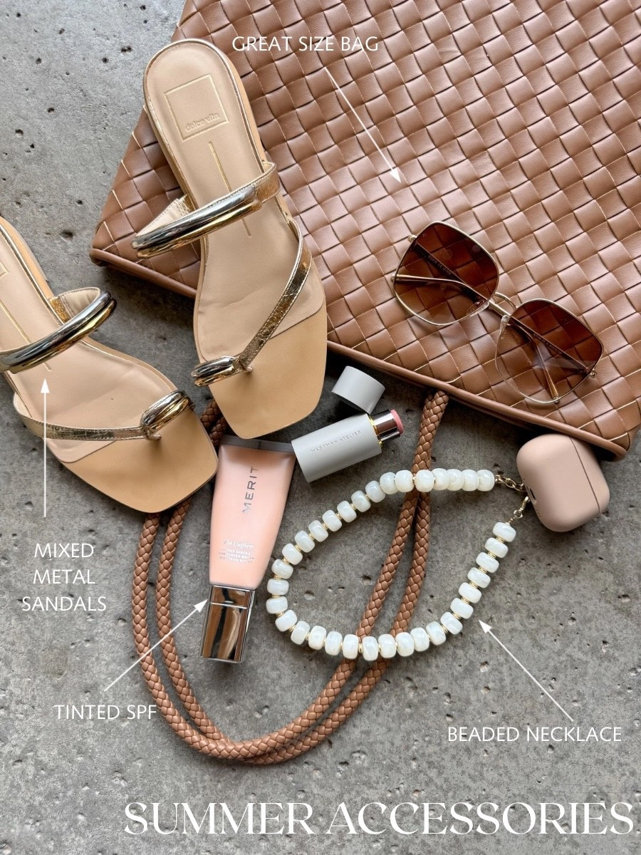 The outfit's done — now let the accessories do the talking ☀️ Gold mixed-metal sandals, a roomy woven bag + the beaded necklace I keep reaching for. 🤎 #summeraccessories #LTKover40 #LTKstyletip #LTKshoecrush 

 #LTKSeasonal