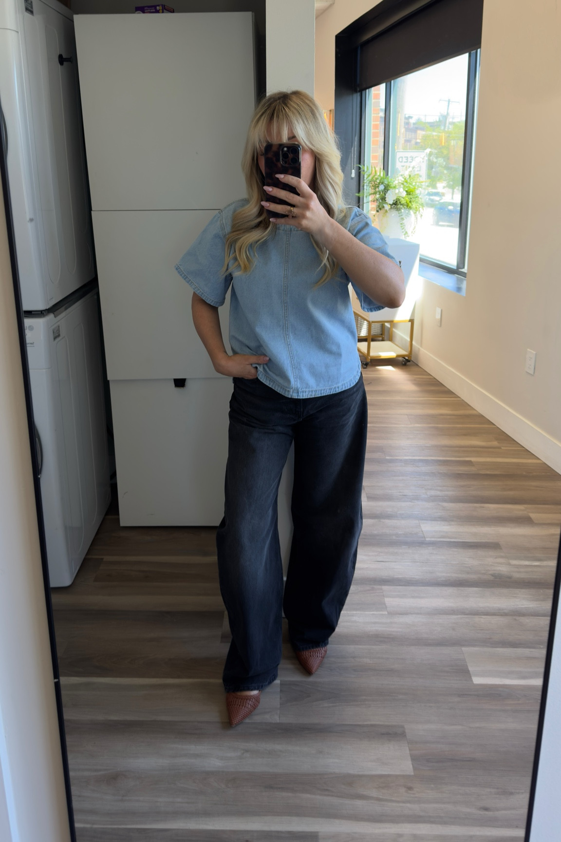 Denim shot sleeve top size small linked similar brand is JJXX
Dark grey barrel jeans size 6
Kitten heel woven shoes size 7 

#LTKxMadewell #LTKmomlife #LTKWorkwear