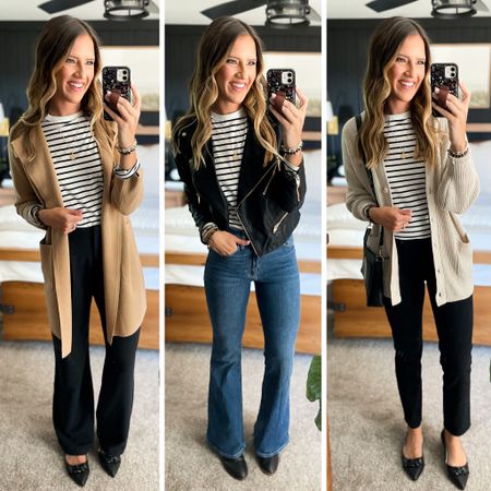 Fall Capsule Wardrobe 

Stripe shirt - small tall
Black trousers - 26 long 
Sweater blazer - small
Flare jeans - 26 long 
Linking similar moto jacket (same brand and I wear a medium) 
Cream cardigan (medium) 
Black jeans - 26 long 
All shoes are tts 

#LTKFind #LTKunder100 #LTKstyletip