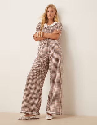 Neon Rose wide leg gingham pants in brown - part of a set | ASOS (Global)