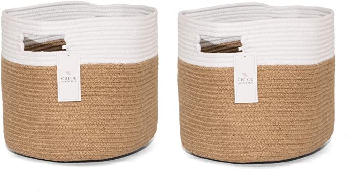 Chloe and Cotton Woven Fabric Cube Storage Baskets Jute White with Handles | Set of 2 | Cute Deco... | Amazon (US)