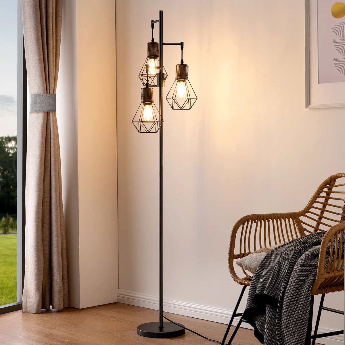 Crevan 65" Dimmable Rattan Tree Floor Lamp With 3 Bulbs Included | Wayfair North America