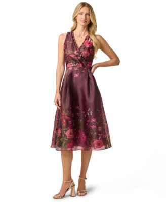 Adrianna Papell Women's V-Neck Printed Organza Midi Dress - Burgundy | Macy's