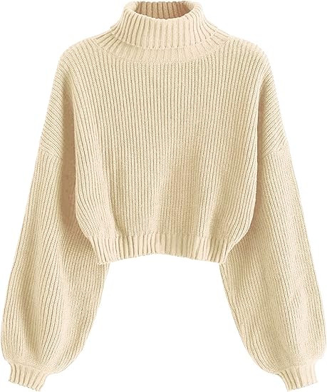 ZAFUL Women's Cropped Turtleneck Sweater Lantern Sleeve Ribbed Knit Pullover Sweater Jumper | Amazon (US)