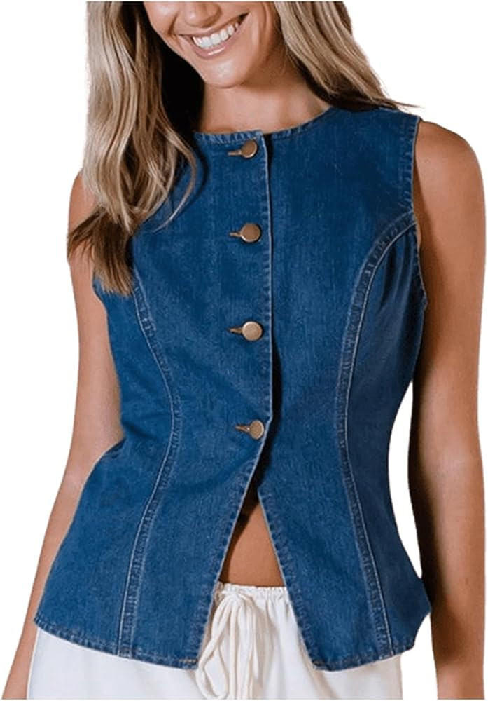 Milumia Women's Vintage Button Down Denim Tank Top Split Hem Sleeveless Vests | Amazon (US)