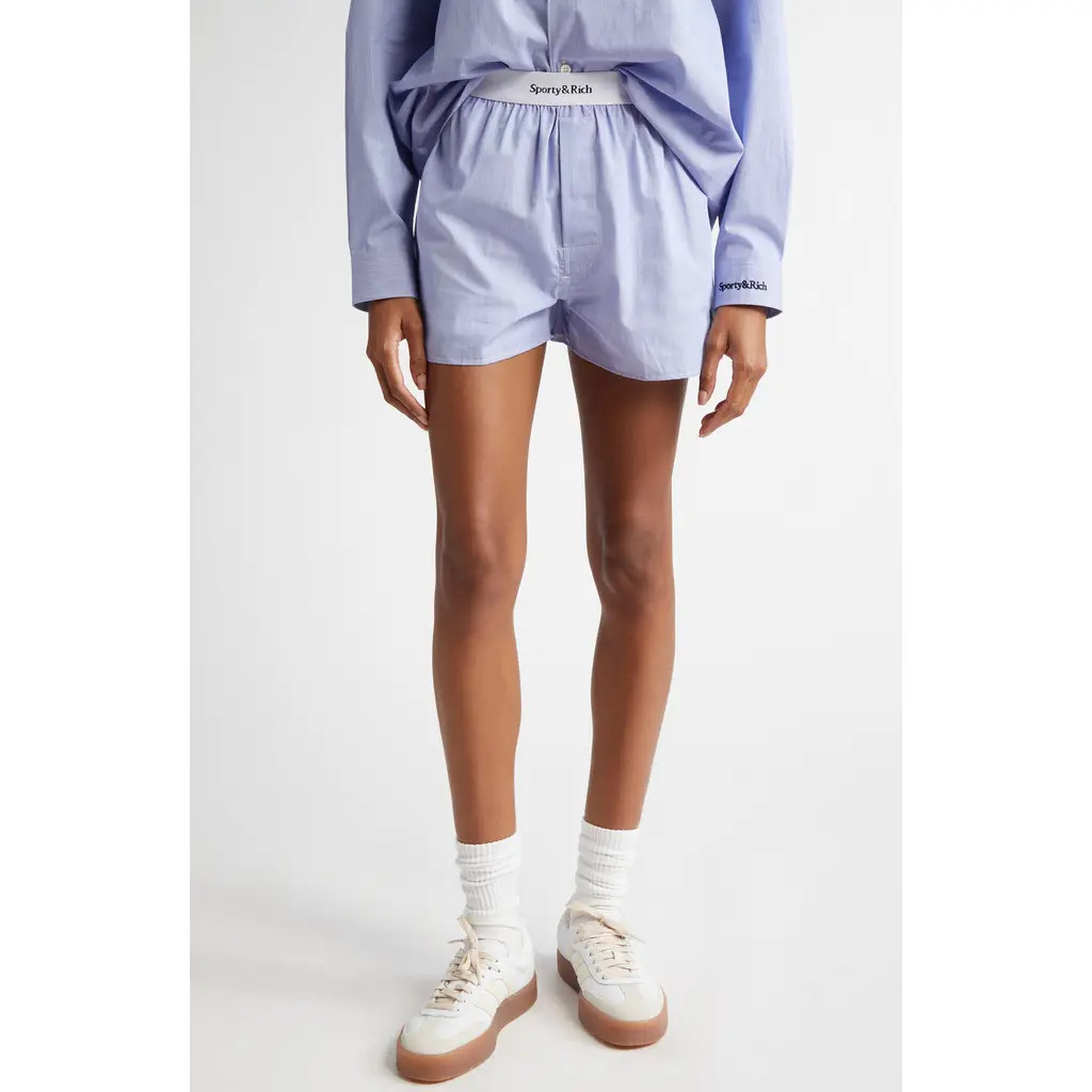 Sporty & Rich Yankees Serif Boxer Shorts in White/Light Blue Stripe at Nordstrom, Size Large | Nordstrom