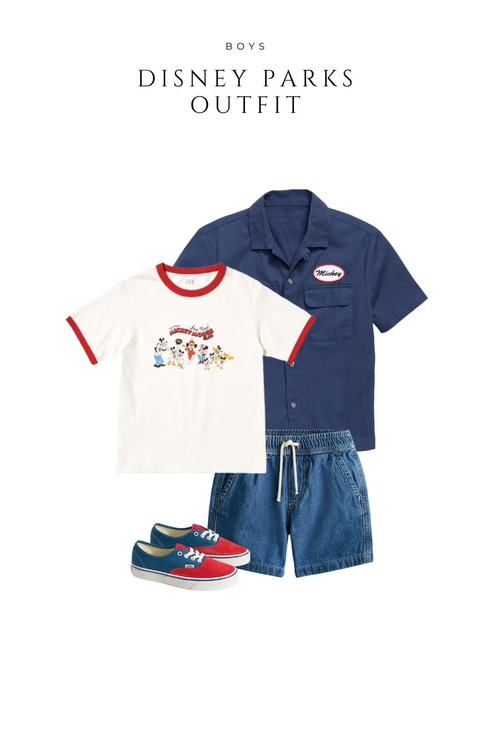 Cute and comfy boys Disney parks outfit idea featuring a Mickey Mouse graphic tee, lightweight button-up shirt, denim shorts, and casual sneakers. Perfect for Disneyland or Disney World trips, this outfit is breathable, stylish, and ideal for warm park days. Great toddler and little boy Disney outfit inspiration for summer vacations, family trips, and theme park style.

#LTKTravel #LTKKids #LTKootd