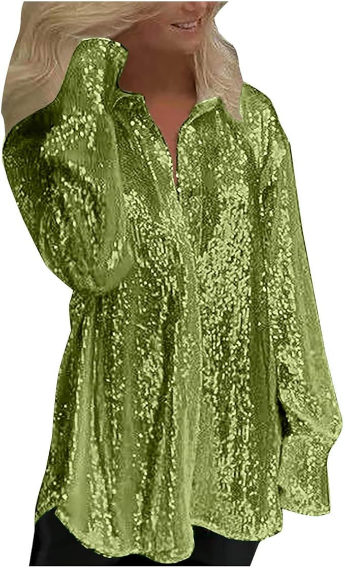 Women's Fashion Sequin Blouses Casual Lapel Collar Long Sleeve Solid Button Down Tunic Shirts Loo... | Amazon (US)