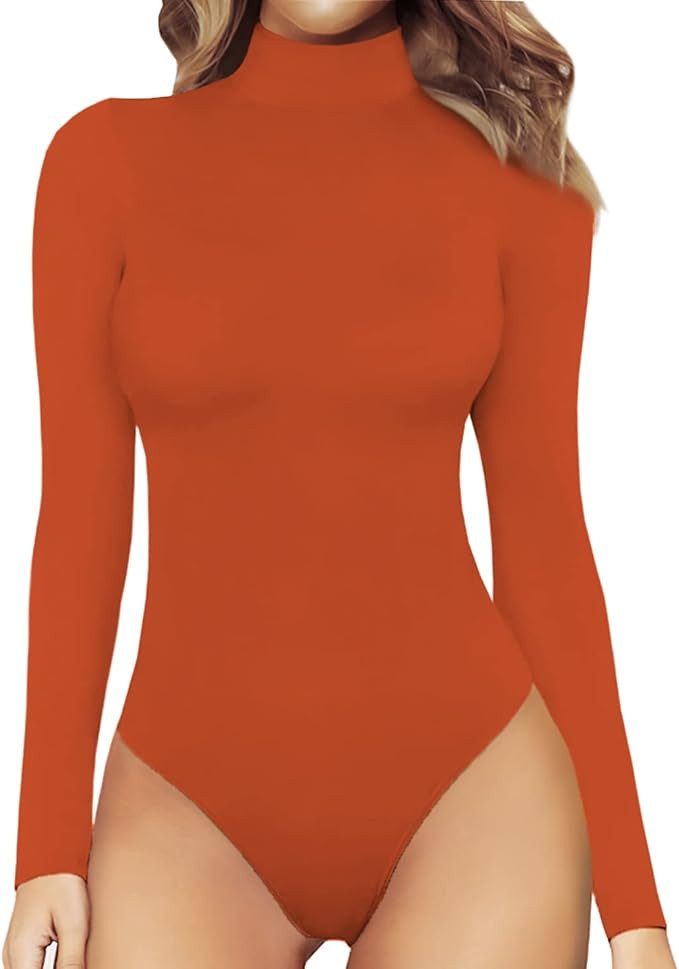 MANGOPOP Women's Mock Turtle Neck Long Sleeve Tops Bodysuit Jumpsuit | Amazon (US)