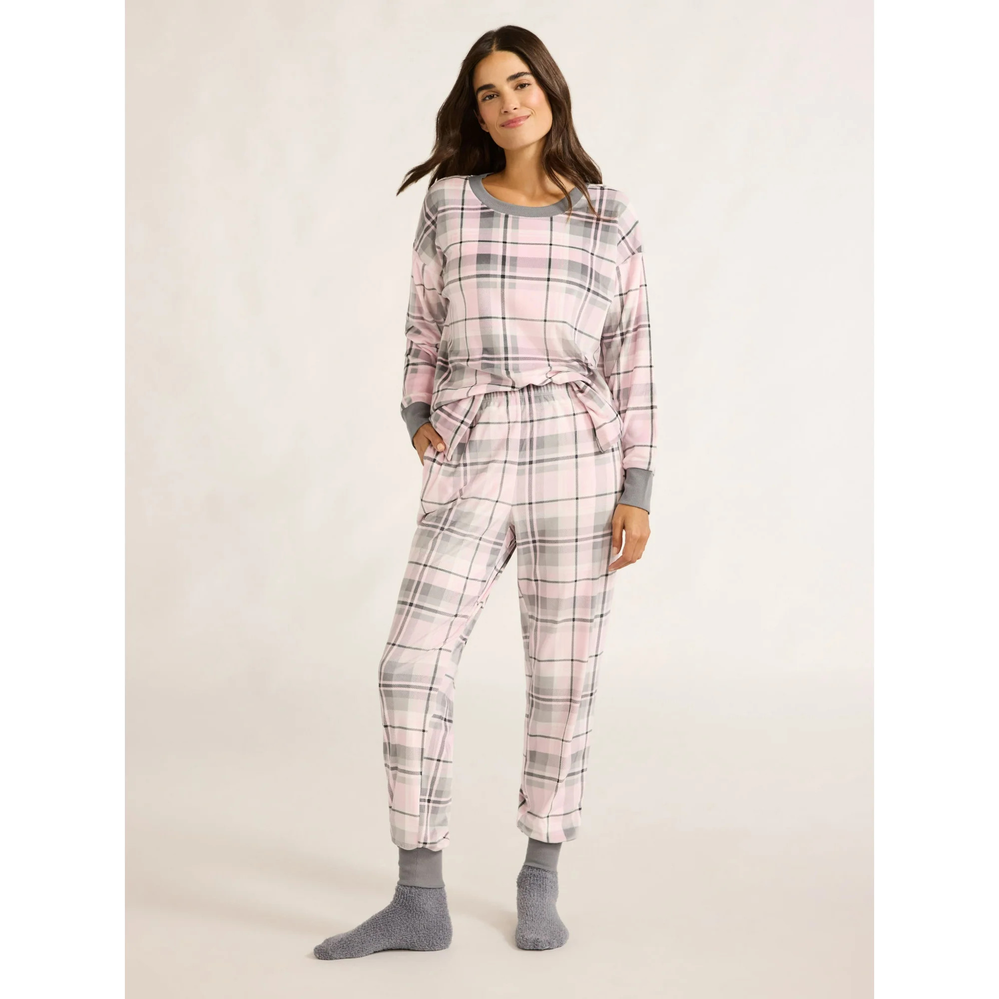 Joyspun Women's Stretch Velour Pajama Set with Socks, 3-Piece, Sizes XS-3X | Walmart (US)