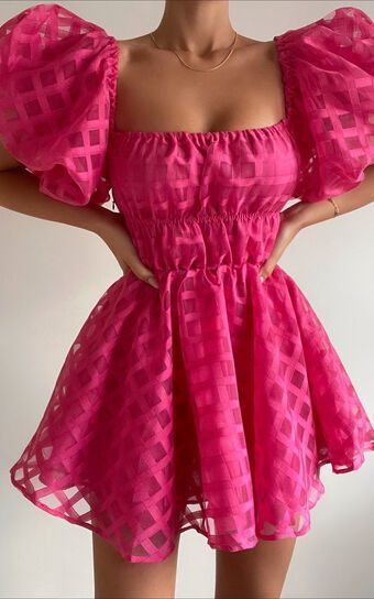 Paloma Mini Dress - Off Shoulder Puff Sleeve Textured Net Dress in Hot Pink | Showpo (ANZ)