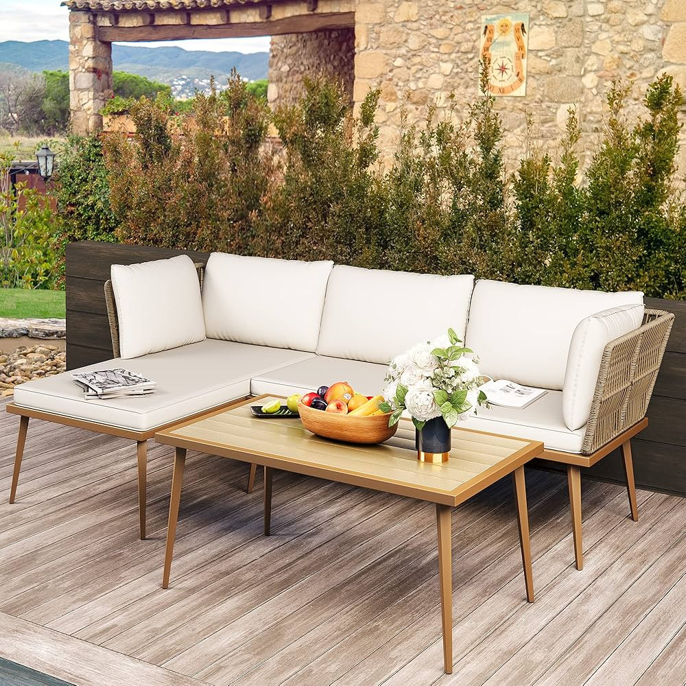 YITAHOME 3 Pieces Patio Furniture Set, Outdoor Rattan Woven Conversation Sectional L-Shaped Sofa ... | Amazon (US)
