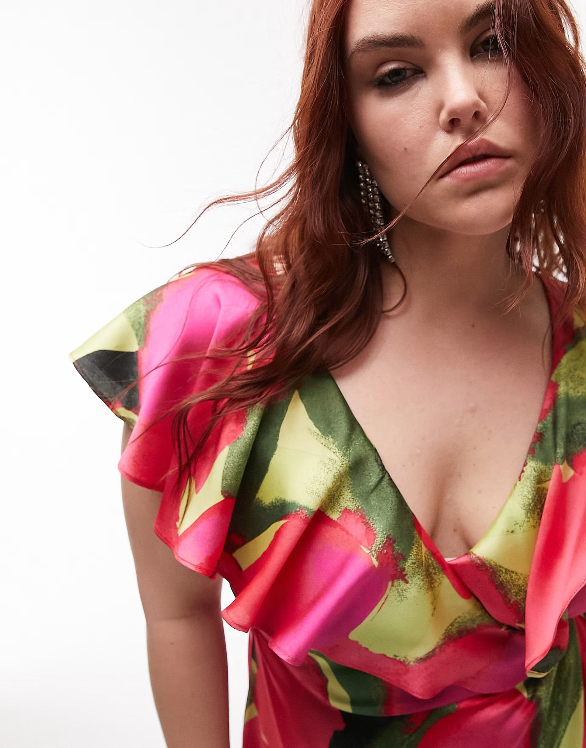 Topshop Curve wrap maxi occasion dress with frill sleeve in red print | ASOS (Global)