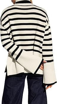 Women's Striped Turtleneck Sweater Long Sleeve Oversized Knitted Soft Pullover Sweaters Side Spli... | Amazon (US)