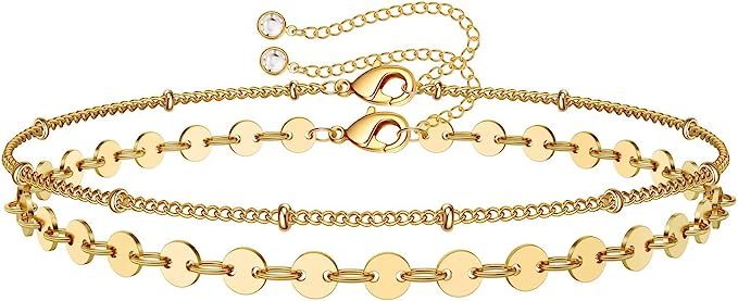 Dainty Gold Bracelets for Women, 14K Gold Plated Adjustable Layered Bracelet Cute Evil Eye Oval C... | Amazon (US)