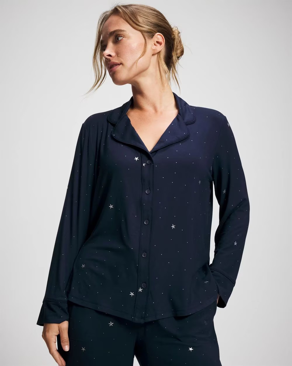Cool Nights Long Sleeve Notch Collar with Piped Placket Pajama Top | Soma | SOMA