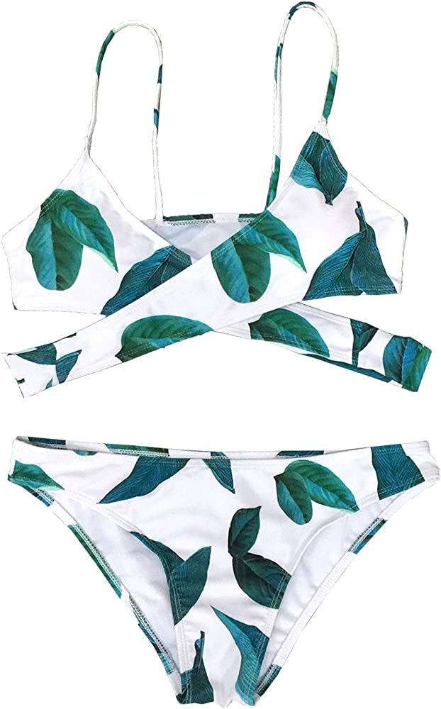 Women's Fresh Leaves Printing Cross Padding Bikini Set | Amazon (US)