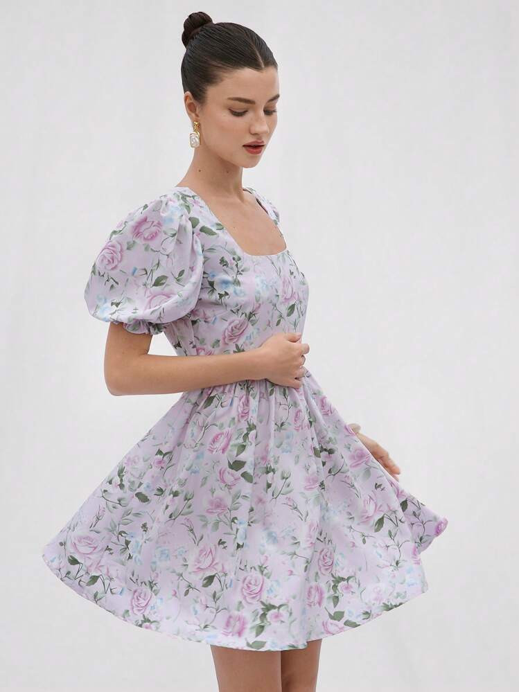 Aveloria Rosie Retro Romantic Gentle Lavender Print Small Square Collar Waist Puff Sleeves Short Sleeves A-Line Umbrella Ladies Mini Dress | SHEIN