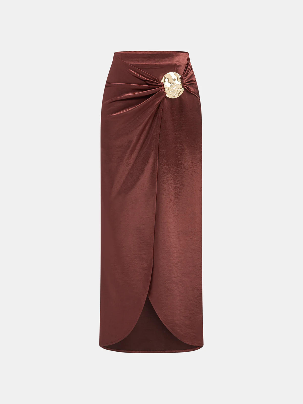 Metal Detail Satin Slit Midi Skirt | Commense