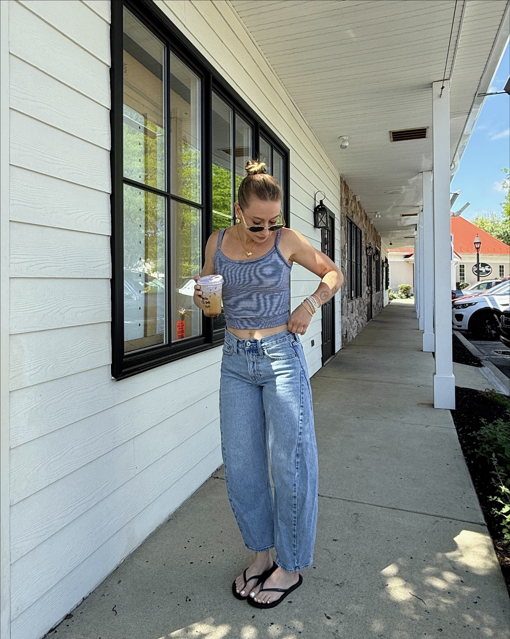 5/8/25 casual spring/summer outfit 🫶🏼 spring coffee shop outfit, casual work from coffee shop look, aritzia ribbed tank, abercrombie baggy jeans, havaianas flip flops outfit, longchamp tote outfit, laid back summer outfit, casual spring outfit idea, neutral wardrobe staples, everyday spring outfit, comfy coffee run outfit, work from anywhere outfit, spring outfit inspo, effortless summer outfit, jeans and tank outfit, flip flop casual outfit, coffee shop work outfit style, classic warm weather outfit, lowkey spring outfit idea, easy outfit for errands