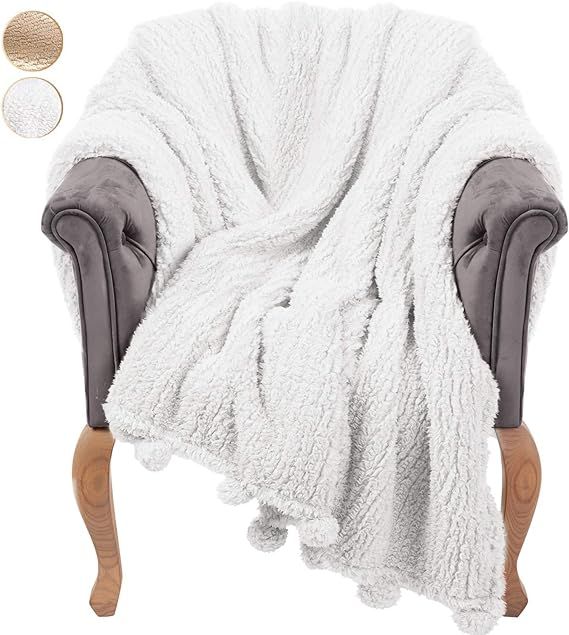 GREEN ORANGE Throw Blanket for Couch - 50x60, Ivory White with Pom Poms - Fuzzy, Fluffy, Plush, S... | Amazon (US)