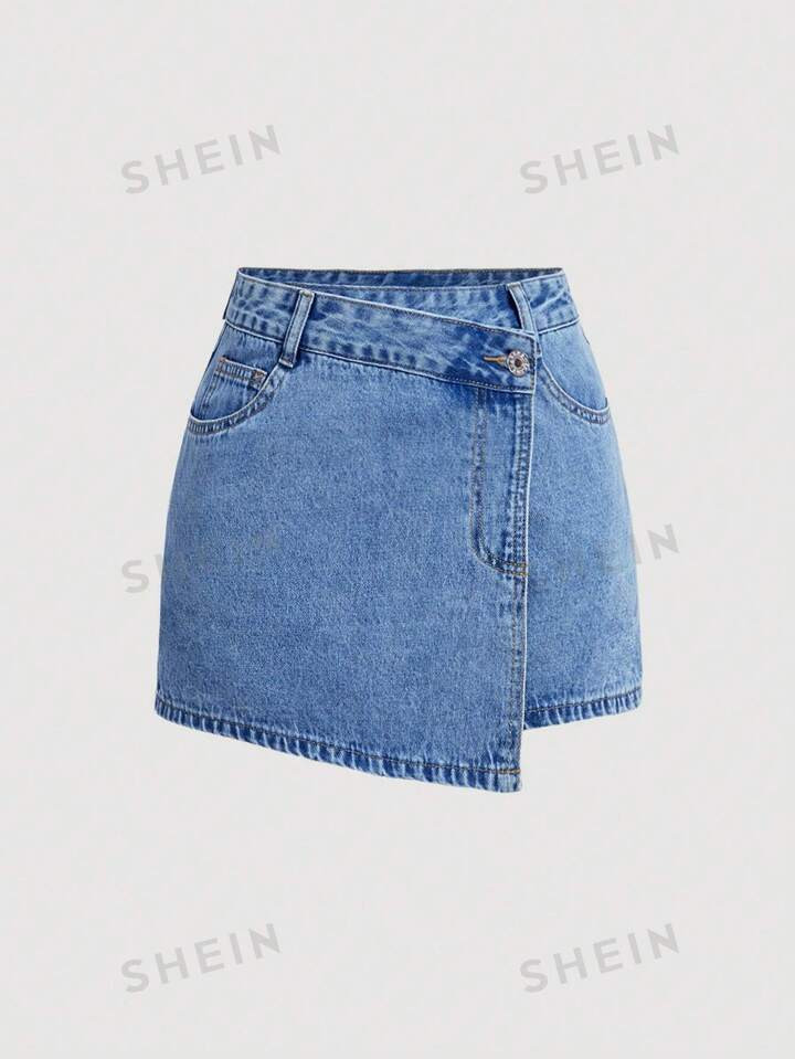 SHEIN MOD Asymmetrical Hemline Women's Casual Denim Mini Skirt With Pockets | SHEIN USA | SHEIN