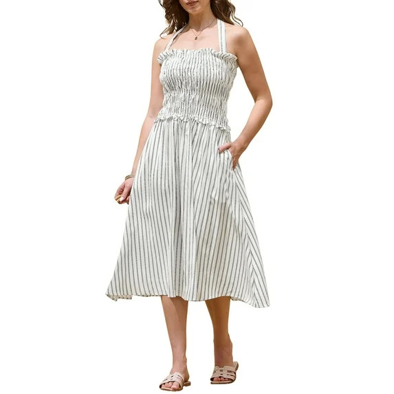 INSPIRE CHIC Women's Halter Neck 2026 Summer Smocked Striped Midi Dresses XL White | Walmart (US)
