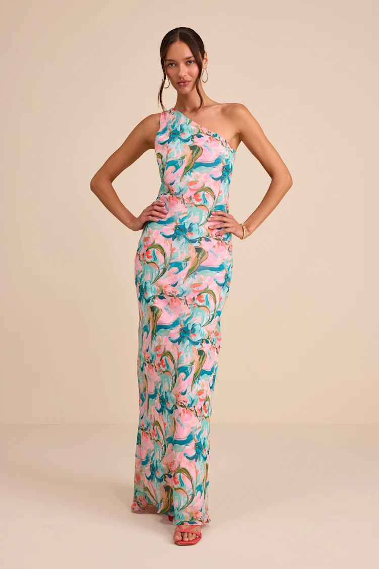 Mikesha Pink Multi Abstract One-Shoulder Sash Maxi Dress | Lulus