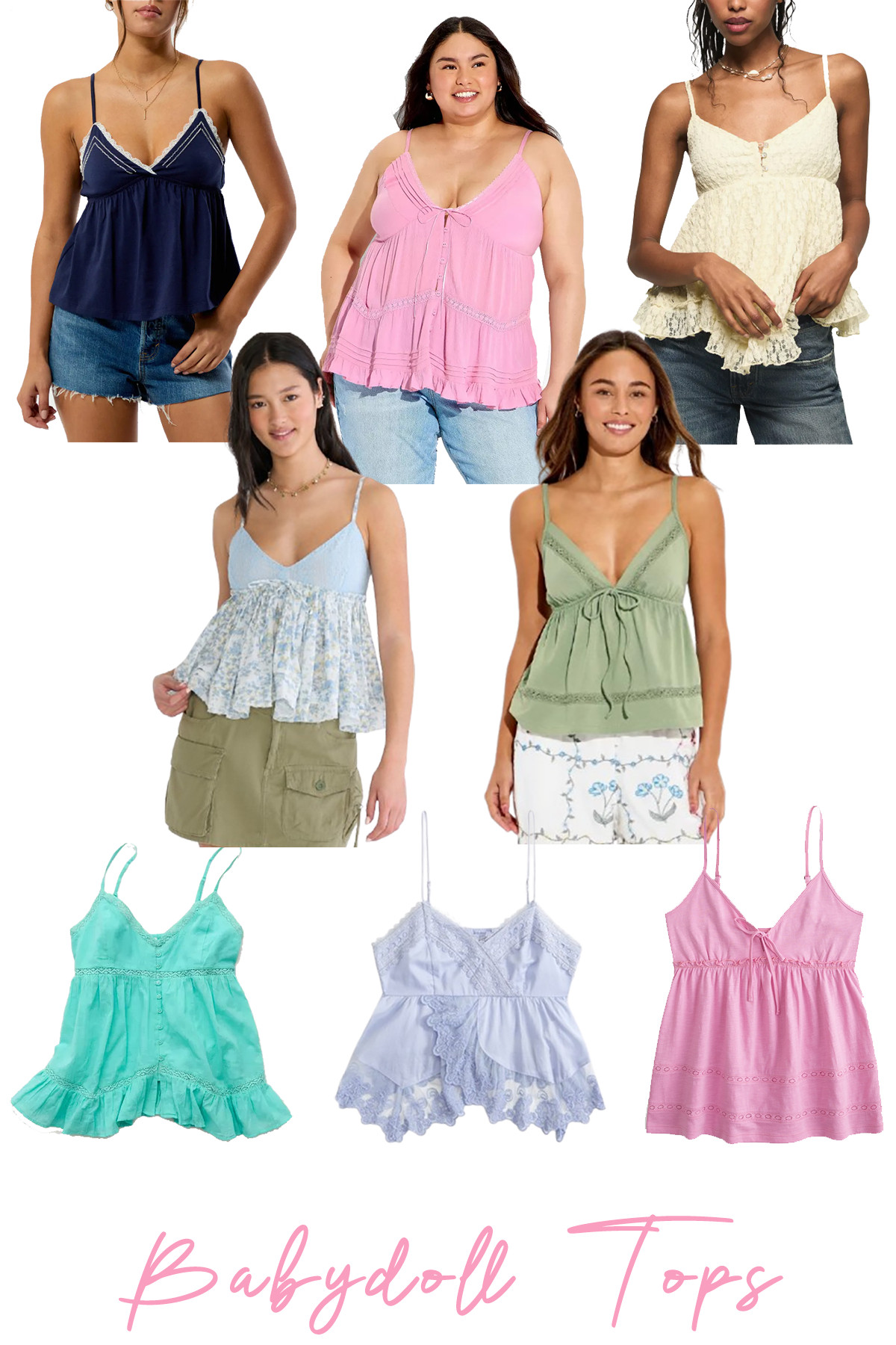 Babydoll Tank Tops

Growing up petite, I loved baby doll tank tops since they were loose and flowy and added some weight to my figure. Now, I like the tops but for the complete opposite reason — they hide my stomach! Babydoll tops are a go-to of mine in summer when I want to go for a feminine, breezy look. My tip is to choose one that isn’t too long otherwise your shorts will disappear and you’ll look naked. This was the look my teenage self wore often, and I’ve learned from my mistakes. 

 
