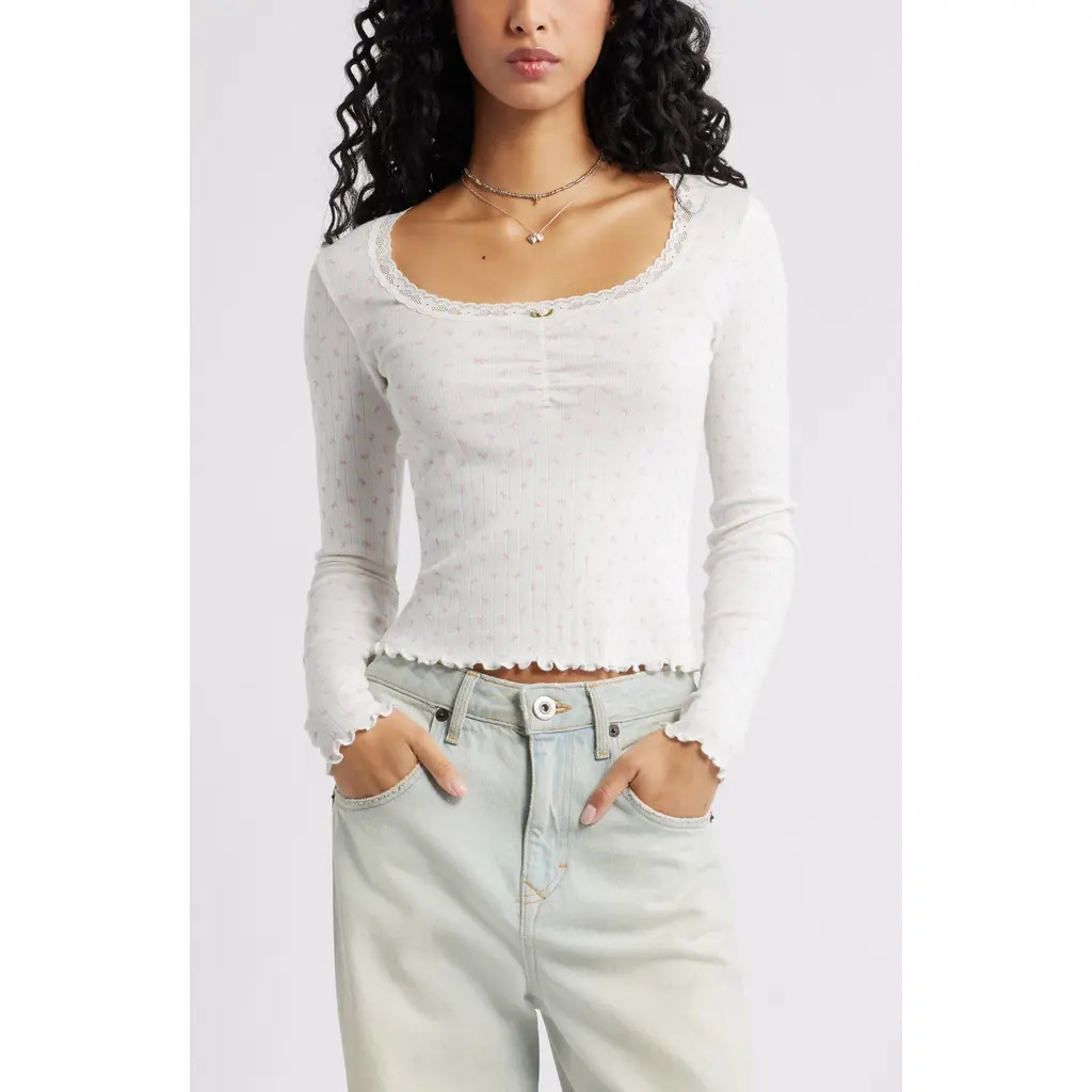 BP. Pointelle Long Sleeve T-Shirt in Ivory- Pink Tiny Bows at Nordstrom Rack, Size Medium | Nordstrom Rack