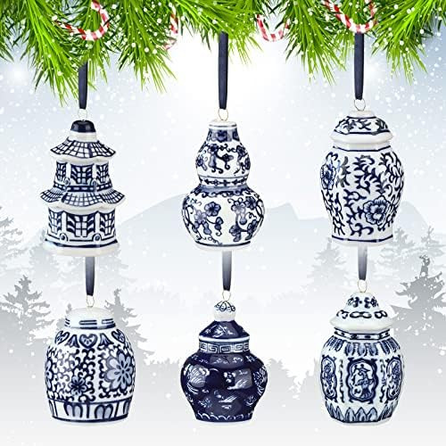 Set of 6 Ginger Jar Ornaments Blue and White Mini Porcelain Hanging Ornaments Chinoiserie Christmas  | Amazon (US)