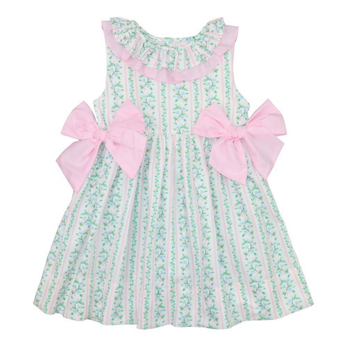 Pink And Green Floral Vines Ruffle Bow Dress | Cecil and Lou