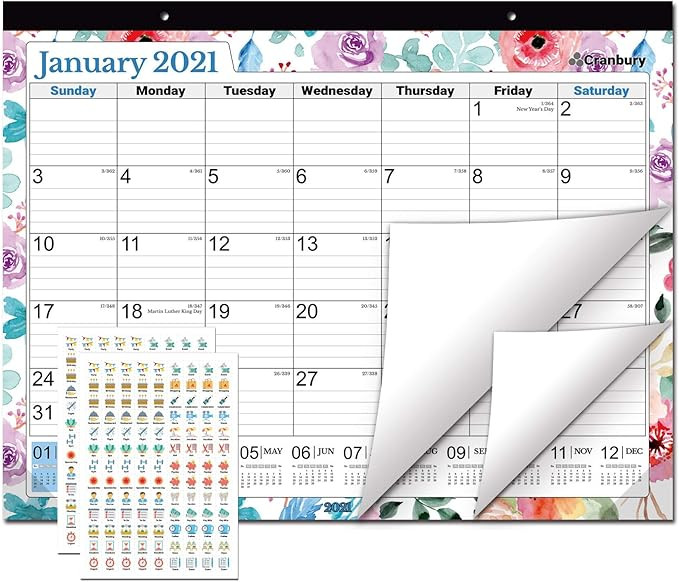 CRANBURY Large Desk Calendar 2021- (Floral, 22x17) Use Big Desk Calendar 2021 as Blotter Calendar... | Amazon (US)
