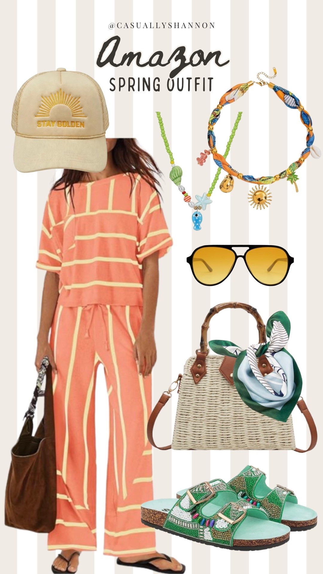 When a set comes in THIS many colors, you need them all because the styling options are endless 💛

This striped set come in orange, red, royal blue, purple, sea foam green, and all different combinations. I don’t think I have found a better set for summer. This is SO cute for vacation, imagine coming off the beach after a long day and you’re ready to hit happy hour at the beach bar then grab some food at a the local boardwalk restaurant… wow, yes count me in 🌞 

Perfect travel outfit for the airport or road trip… right out of the car to the nearest local bar for a good time 🌊🍹

Rattan purse | bandana necklace | charm necklace | summer outfit inspo | yellow sunglasses | trucker hat for women | fun colorful outfit for spring 2026 | summer necklaces | travel set | lounge set | fun summer sandals for women

#LTKootd #LTKSaleAlert #LTKTravel